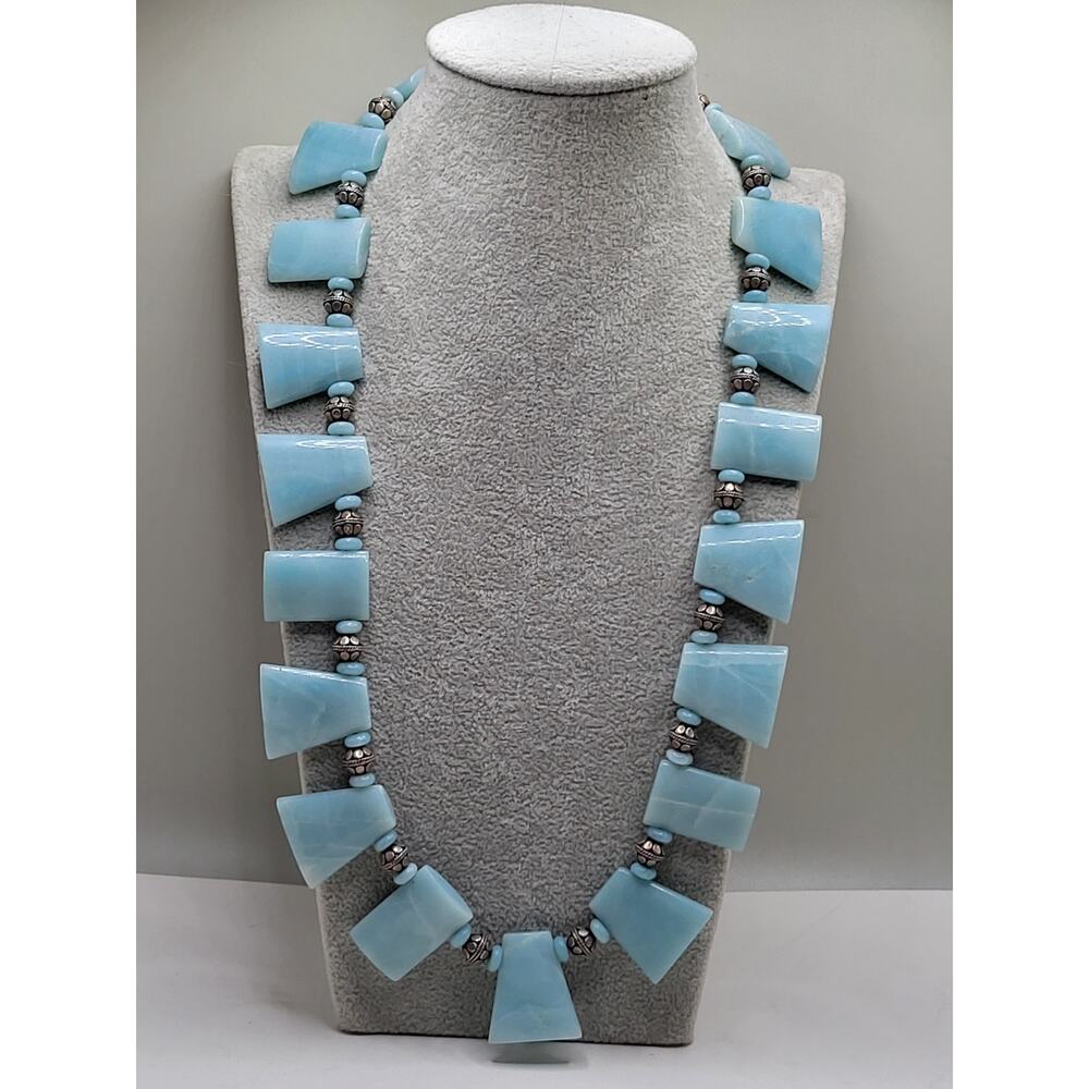 Amazonite Statement Necklace Silver Tone Beads Toggle Clasp 23" Artisan